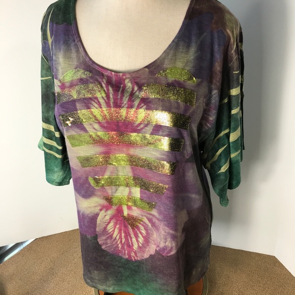 Heart of Gold by One World Green and Purple Orchid Top w Gold Heart Size Large - Picture 7 of 7
